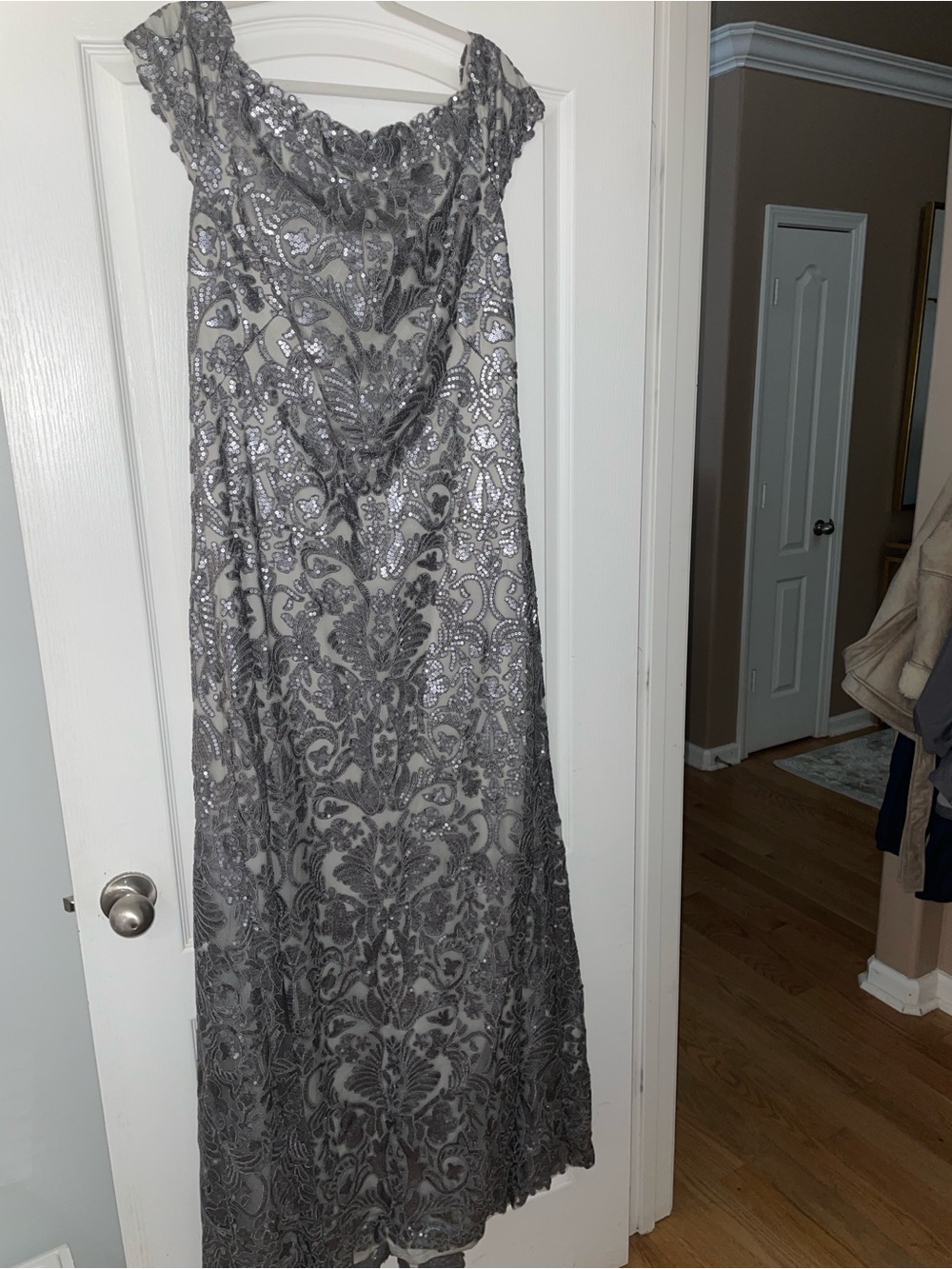 Tadashi Shoji Silver Lace Off-Shoulder Maxi Gown - Picture 7 of 8